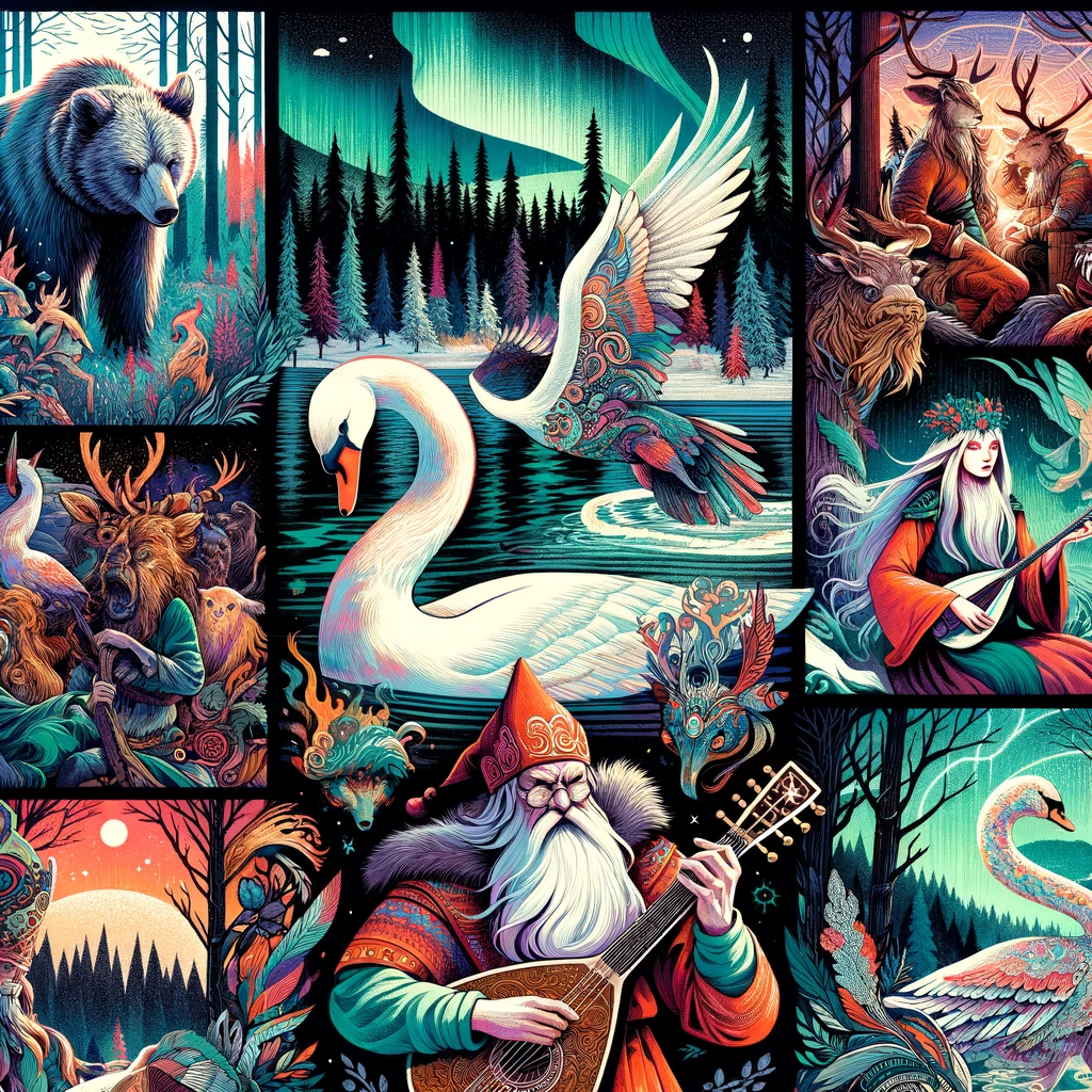 DALL·E 2024-03-22 13.47.09 - Create a vibrant, hand-drawn style collage that captures the essence of Finnish mythology. This collage should be rich in vivid colors and high contra.webp